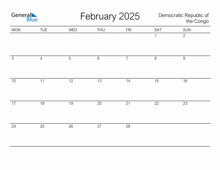 Printable February 2025 Calendar for Democratic Republic of the Congo