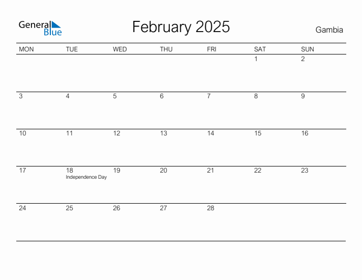 Printable February 2025 Calendar for Gambia