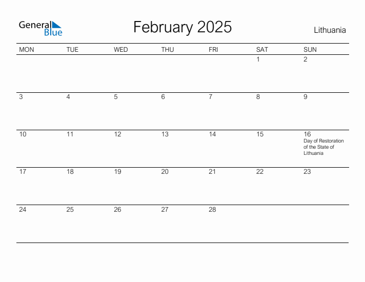 Printable February 2025 Calendar for Lithuania
