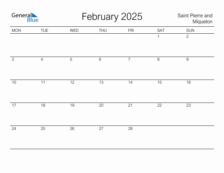 Printable February 2025 Calendar for Saint Pierre and Miquelon