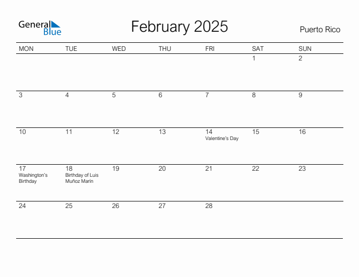 Printable February 2025 Calendar for Puerto Rico