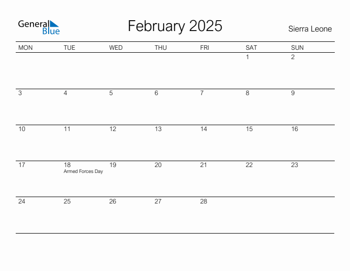 Printable February 2025 Calendar for Sierra Leone
