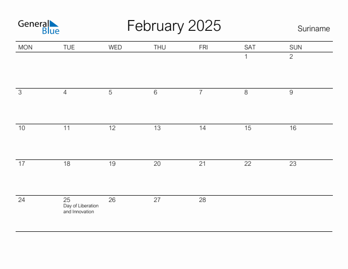 Printable February 2025 Calendar for Suriname