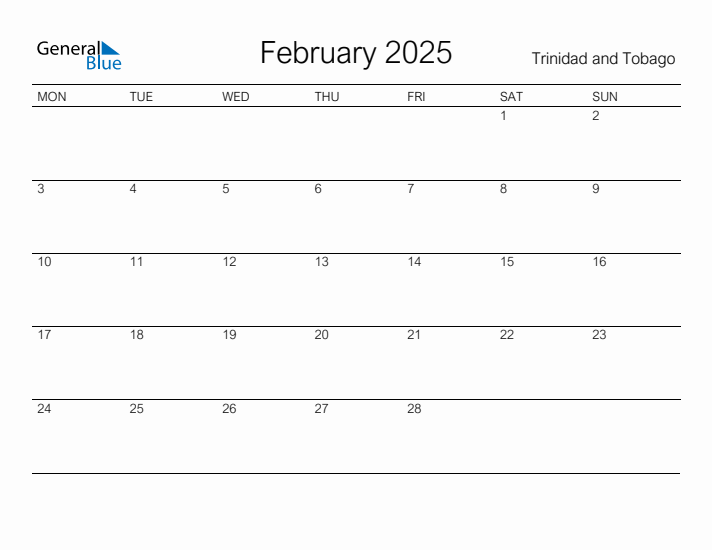 Printable February 2025 Calendar for Trinidad and Tobago