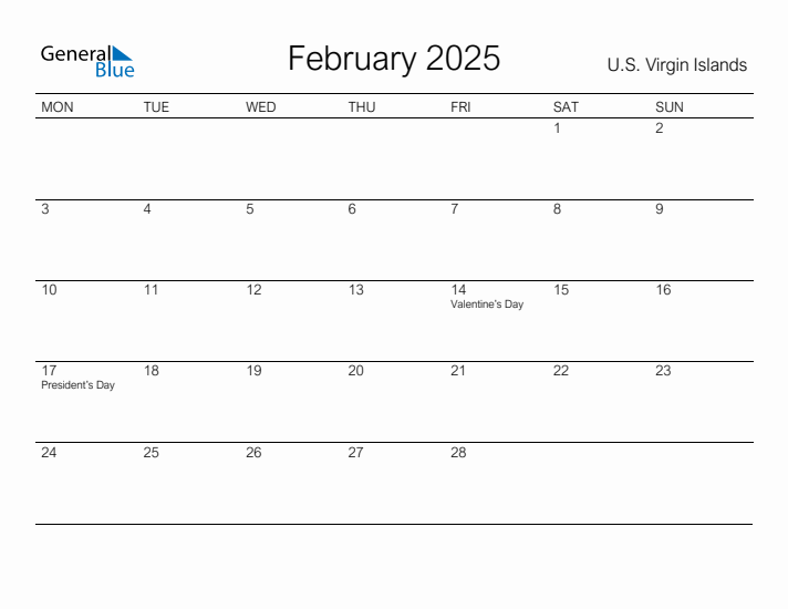 Printable February 2025 Calendar for U.S. Virgin Islands