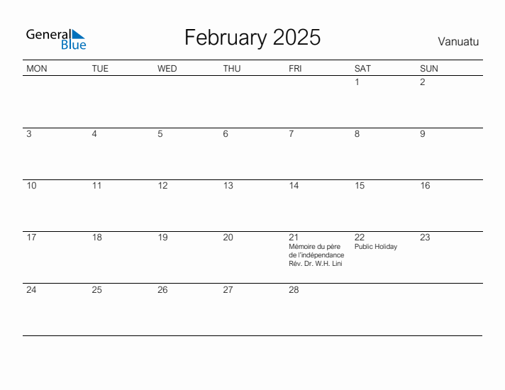 Printable February 2025 Calendar for Vanuatu