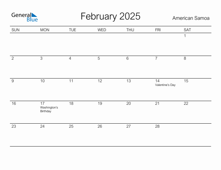 Printable February 2025 Calendar for American Samoa