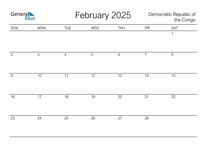 Printable February 2025 Calendar for Democratic Republic of the Congo