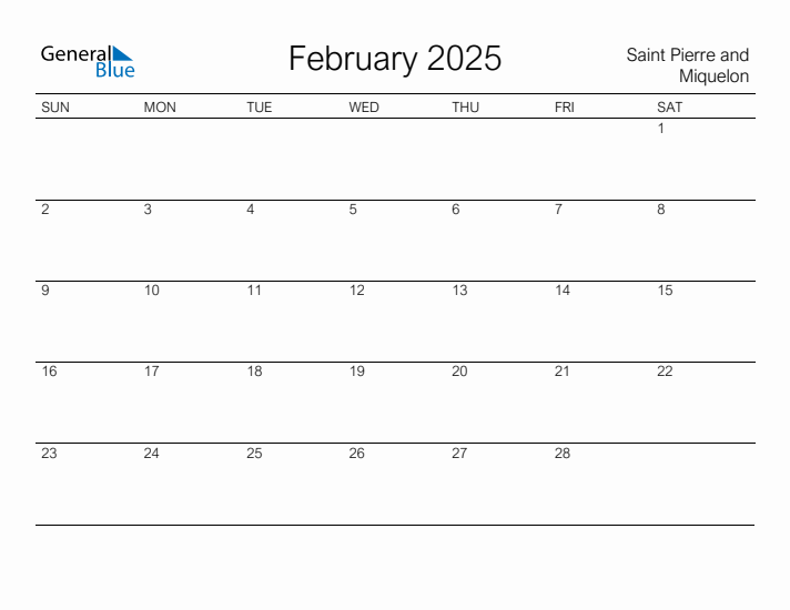Printable February 2025 Calendar for Saint Pierre and Miquelon