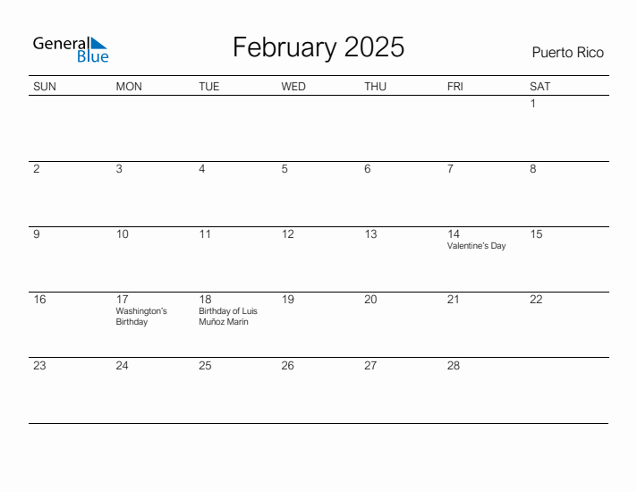 Printable February 2025 Calendar for Puerto Rico