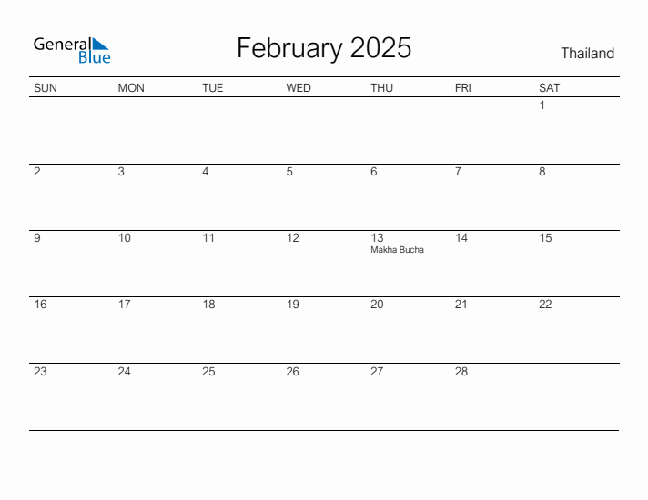 Printable February 2025 Calendar for Thailand