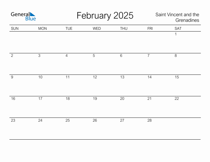 Printable February 2025 Calendar for Saint Vincent and the Grenadines