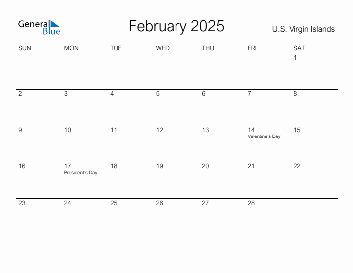 Printable February 2025 Calendar for U.S. Virgin Islands