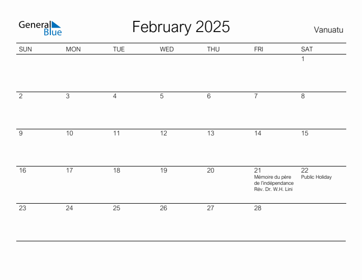 Printable February 2025 Calendar for Vanuatu