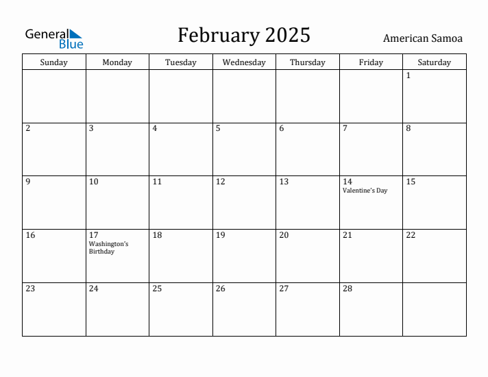 February 2025 Calendar American Samoa