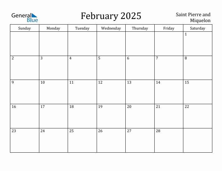 February 2025 Calendar Saint Pierre and Miquelon