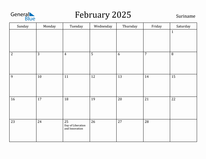 February 2025 Calendar Suriname