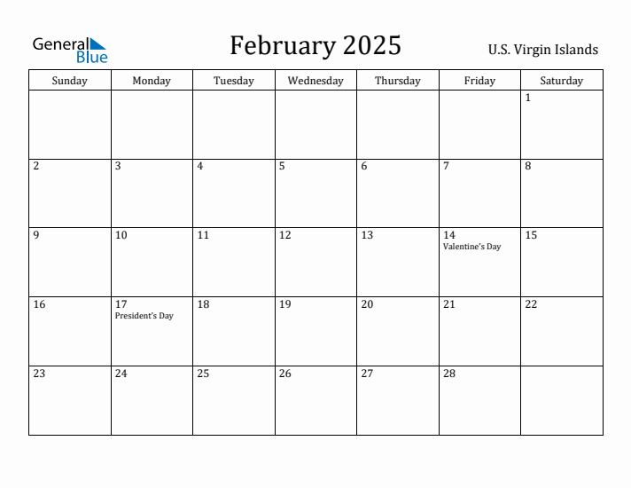 February 2025 Calendar U.S. Virgin Islands
