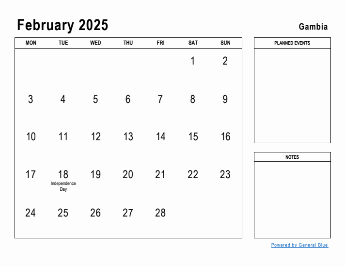 February 2025 Printable Monthly Calendar with Gambia Holidays
