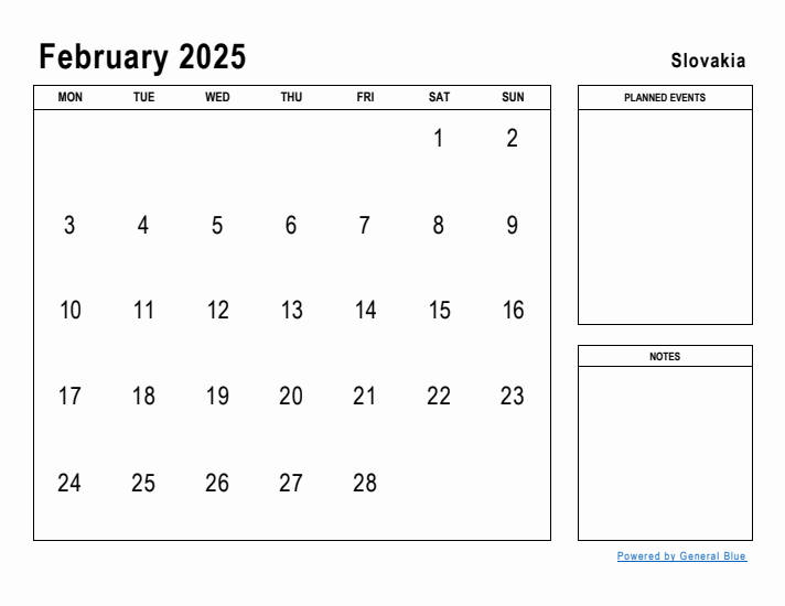 February 2025 Printable Monthly Calendar with Slovakia Holidays