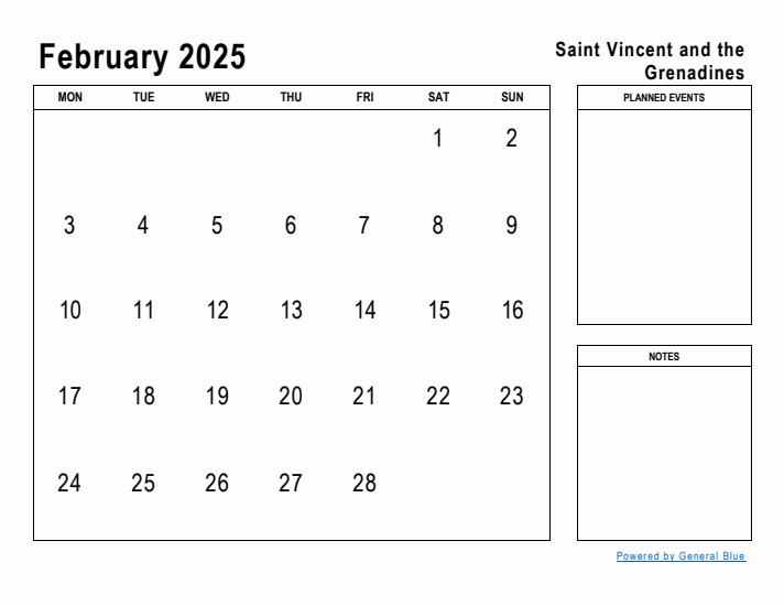 February 2025 Printable Monthly Calendar with Saint Vincent and the Grenadines Holidays