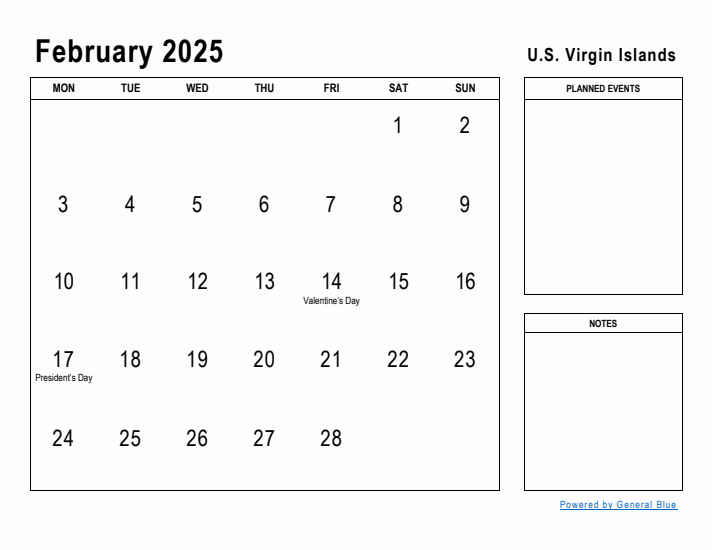 February 2025 Printable Monthly Calendar with U.S. Virgin Islands Holidays