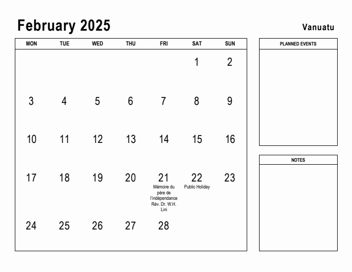 February 2025 Printable Monthly Calendar with Vanuatu Holidays