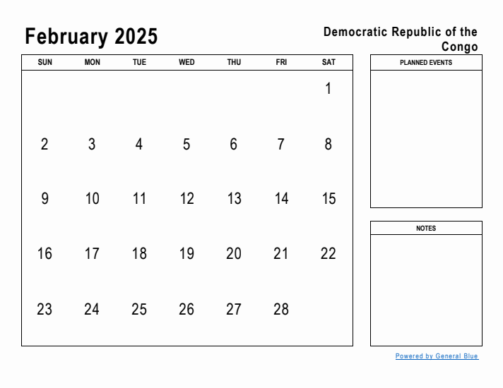 February 2025 Printable Monthly Calendar with Democratic Republic of the Congo Holidays