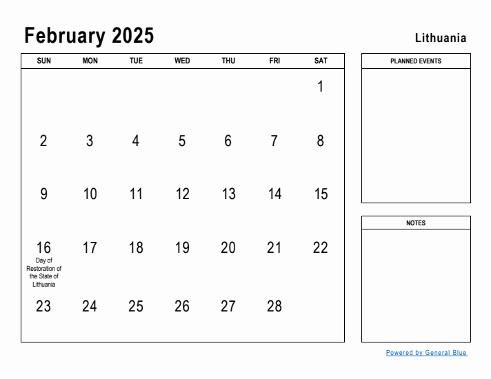 February 2025 Printable Monthly Calendar with Lithuania Holidays