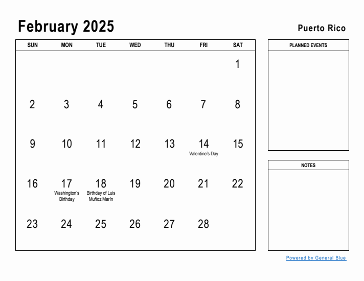 February 2025 Printable Monthly Calendar with Puerto Rico Holidays