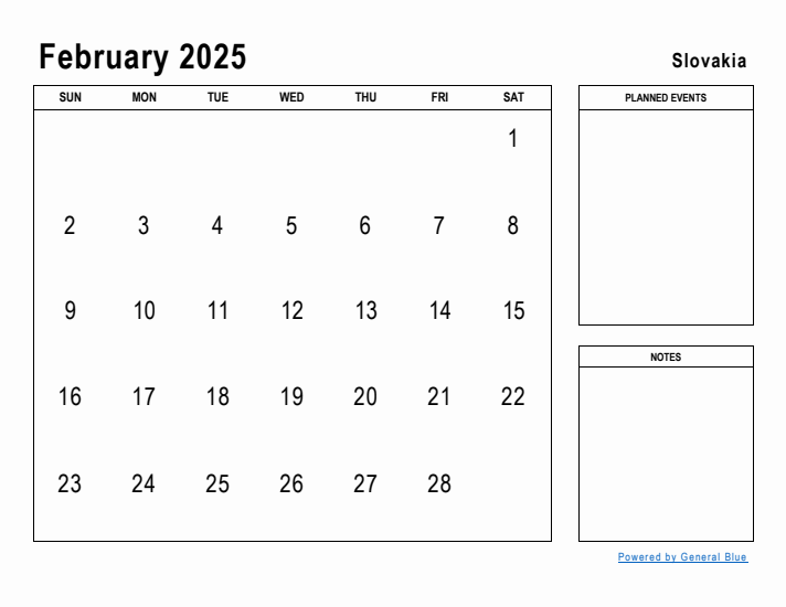 February 2025 Printable Monthly Calendar with Slovakia Holidays