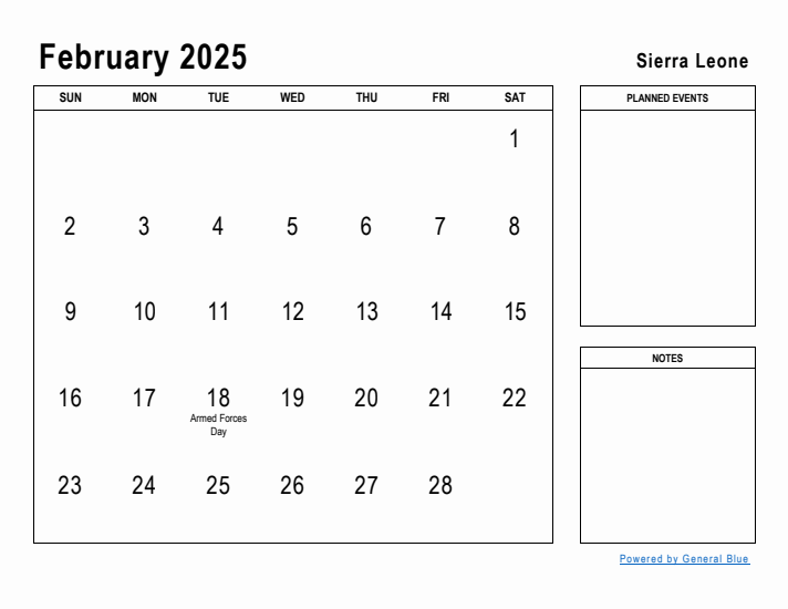 February 2025 Printable Monthly Calendar with Sierra Leone Holidays