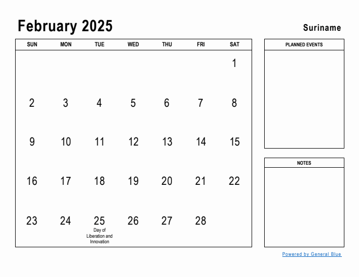 February 2025 Printable Monthly Calendar with Suriname Holidays
