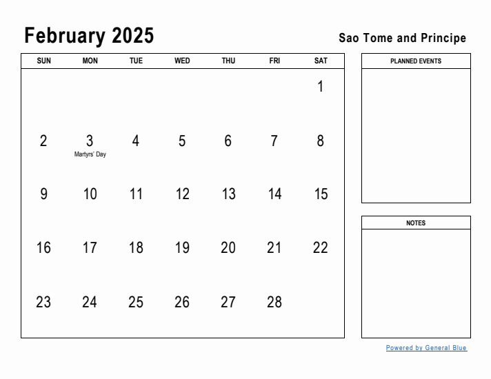 February 2025 Printable Monthly Calendar with Sao Tome and Principe Holidays