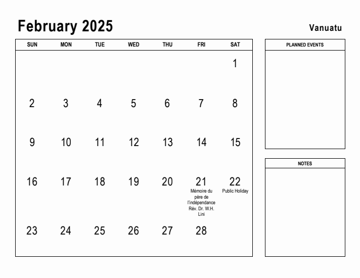February 2025 Printable Monthly Calendar with Vanuatu Holidays