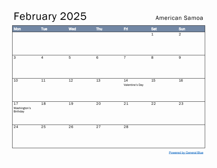 February 2025 Simple Monthly Calendar for American Samoa