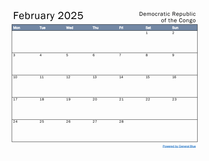 February 2025 Simple Monthly Calendar for Democratic Republic of the Congo