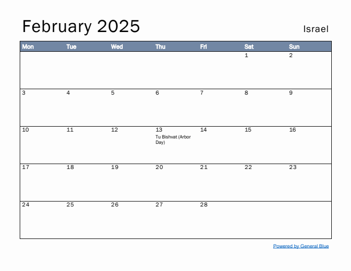 February 2025 Simple Monthly Calendar for Israel