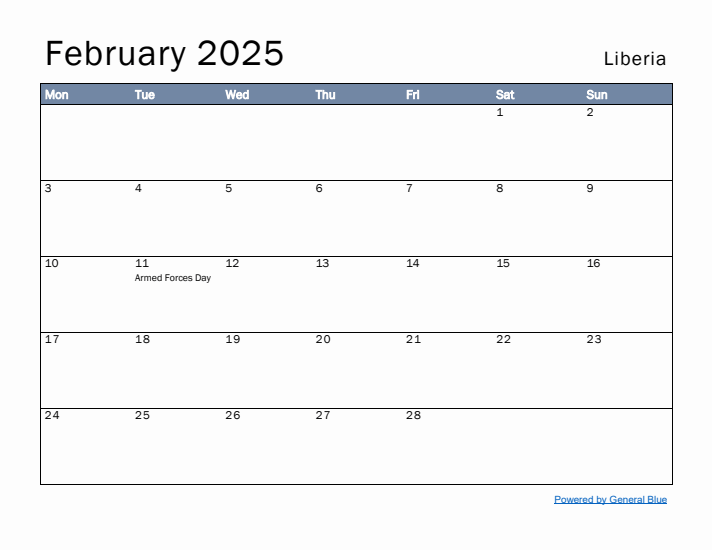 February 2025 Simple Monthly Calendar for Liberia