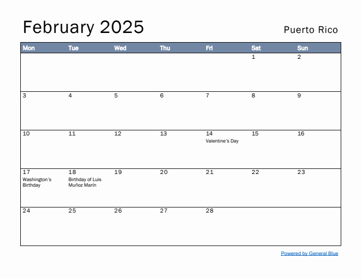 February 2025 Simple Monthly Calendar for Puerto Rico