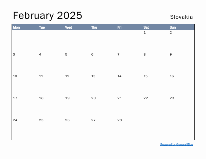 February 2025 Simple Monthly Calendar for Slovakia