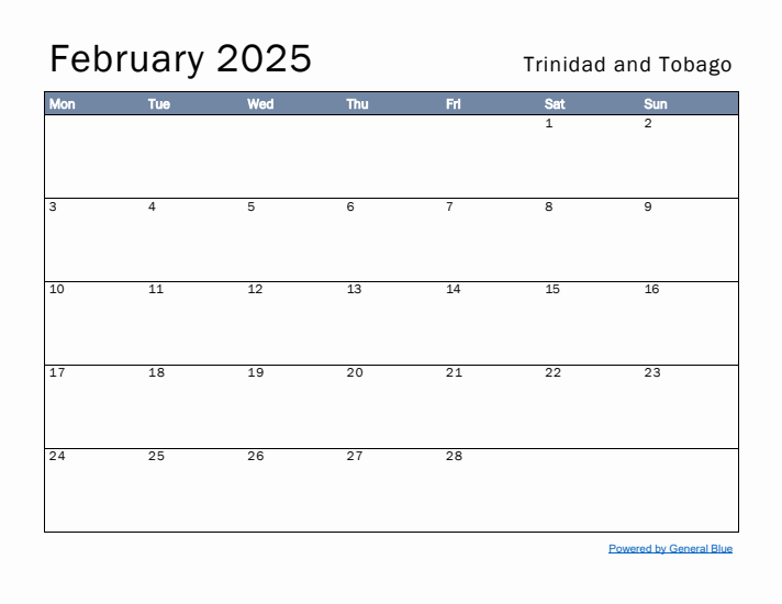 February 2025 Simple Monthly Calendar for Trinidad and Tobago