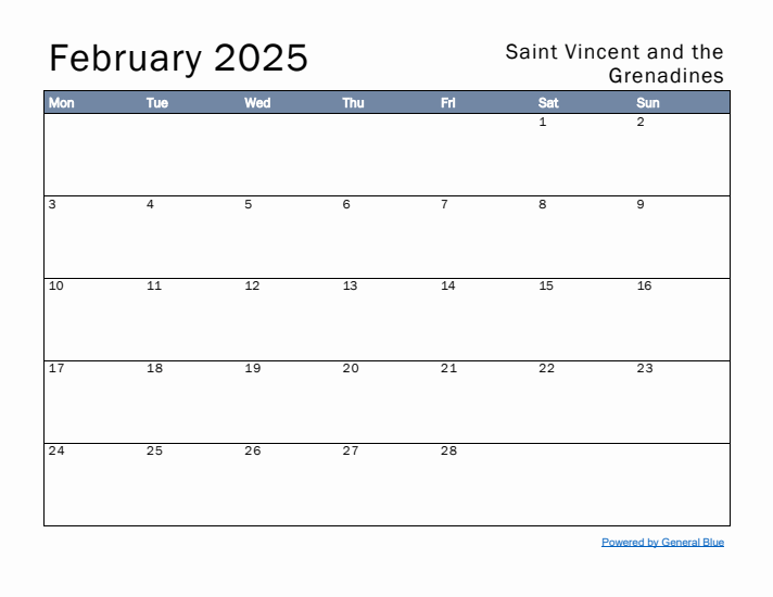 February 2025 Simple Monthly Calendar for Saint Vincent and the Grenadines