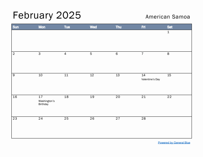 February 2025 Simple Monthly Calendar for American Samoa