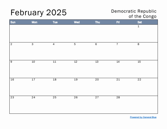 February 2025 Simple Monthly Calendar for Democratic Republic of the Congo