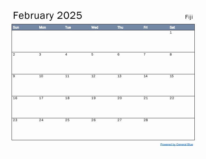 February 2025 Simple Monthly Calendar for Fiji