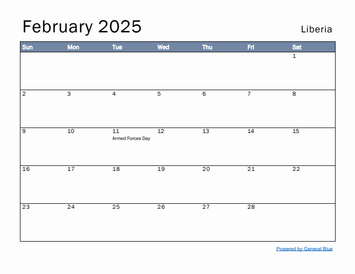 February 2025 Simple Monthly Calendar for Liberia