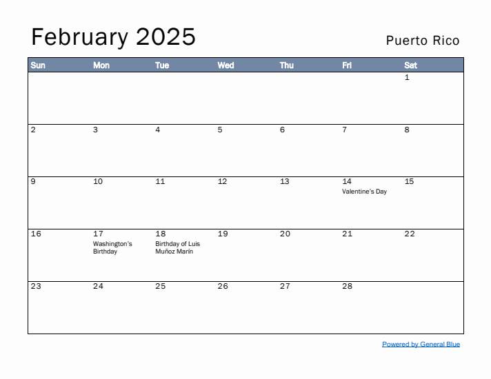 February 2025 Simple Monthly Calendar for Puerto Rico