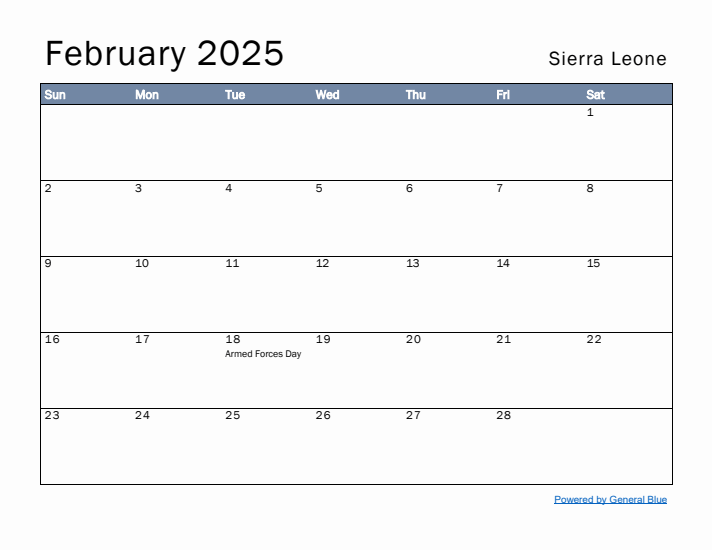 February 2025 Simple Monthly Calendar for Sierra Leone