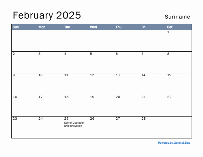 February 2025 Simple Monthly Calendar for Suriname